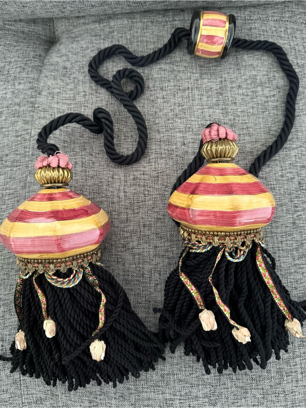 MacKenzie-Childs Frank and Mustard Tassel Tiebacks with black fringe